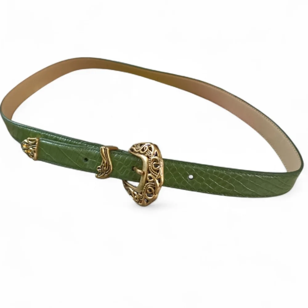 Coldwater Creek Green Leather Belt with Ornate Gold Buckle. Size Medium.